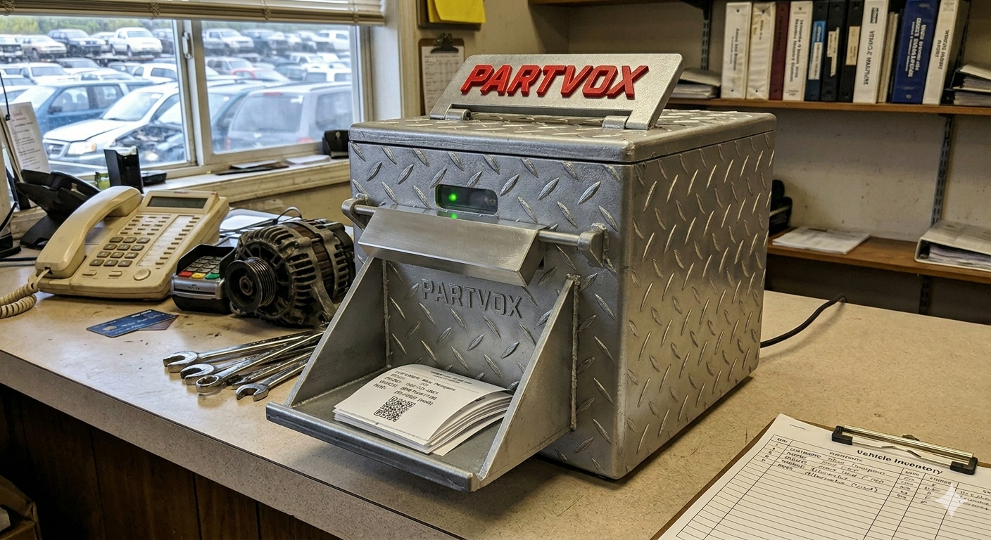 The PartBox — ticket printer for salvage yard leads, sitting on a parts counter next to wrenches and an alternator